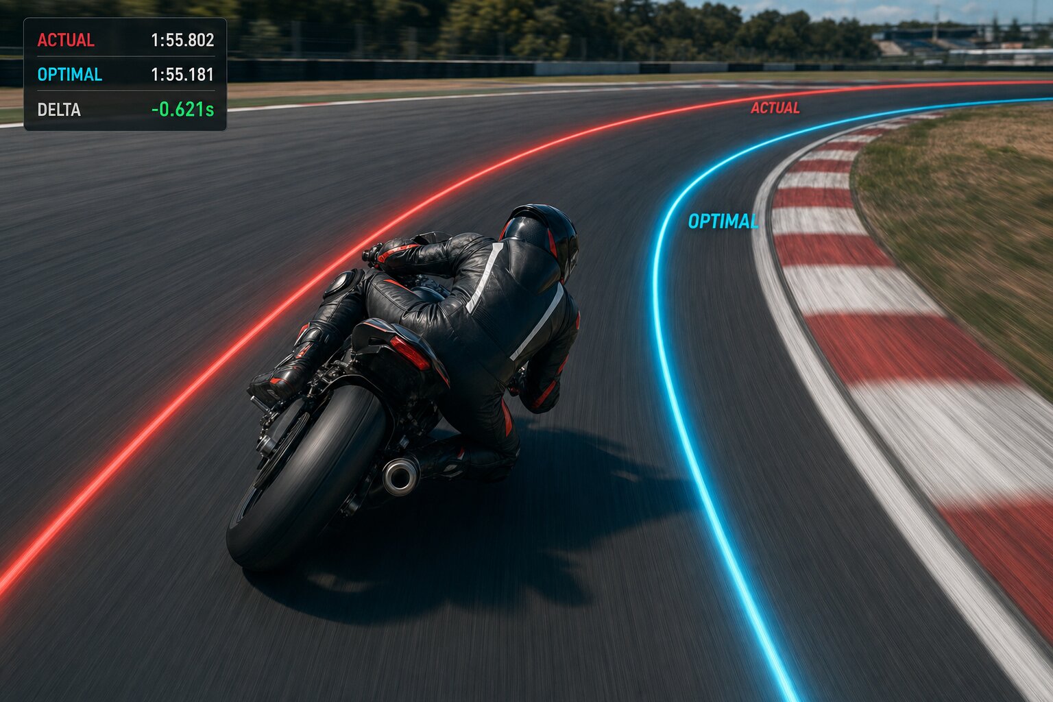 Chase view showing actual cornering line in red versus optimal line in cyan with lap-time delta