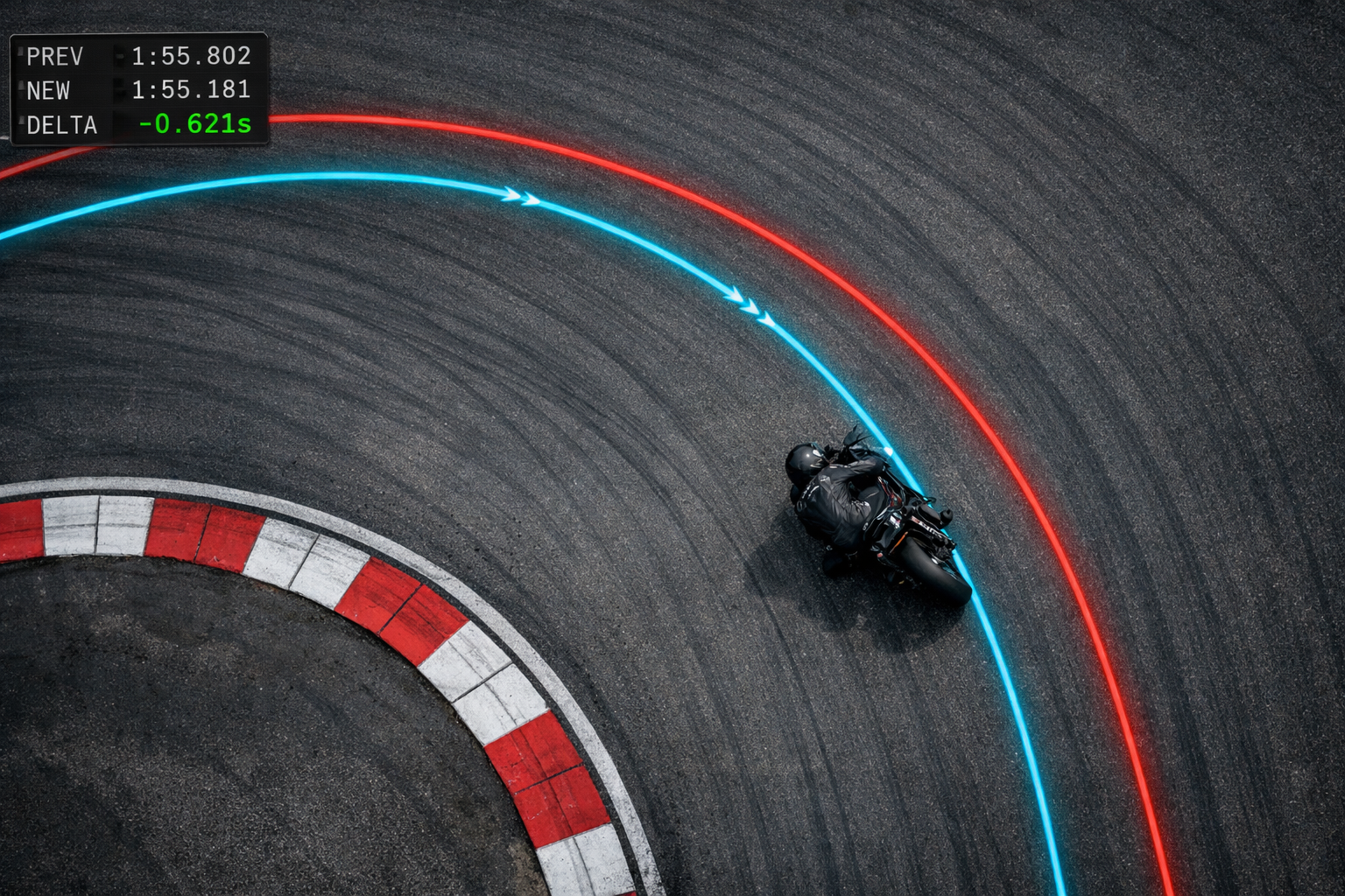 Overhead view showing previous lap line in red versus improved lap in green