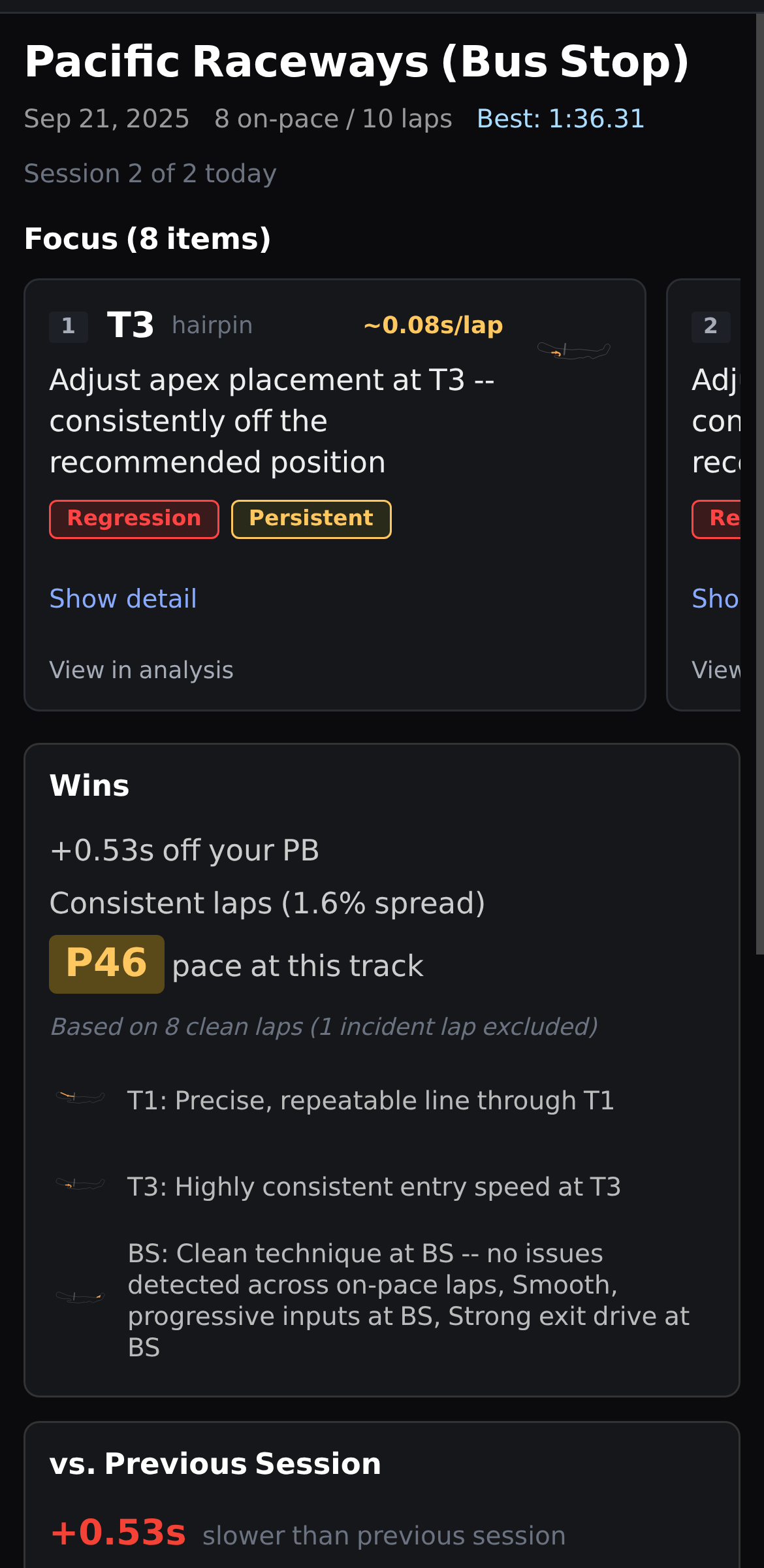 LapBrain mobile debrief showing focus cards with coaching actions per corner